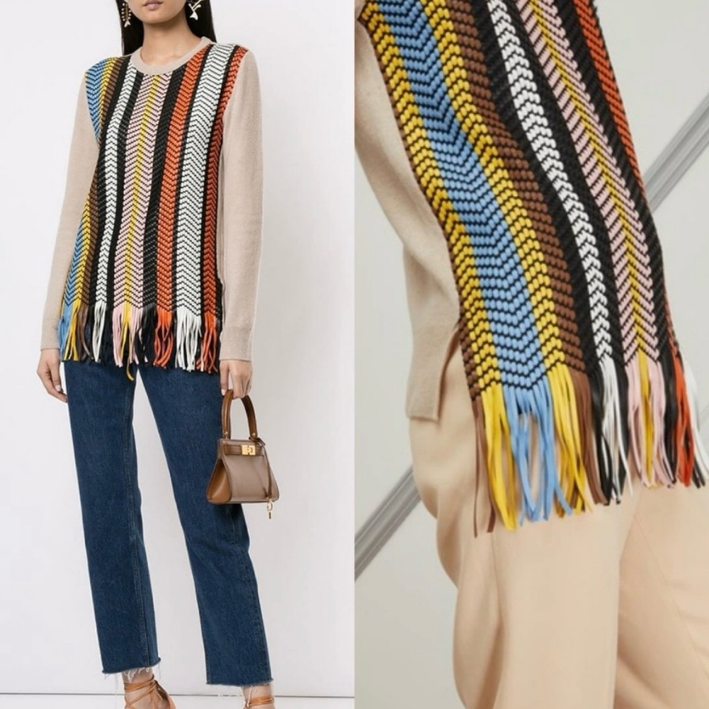Tory Burch Safari Sand Woven Leather Fringe Sweater
